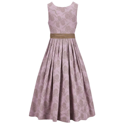 Pink floral dress with a gold belt on a white background