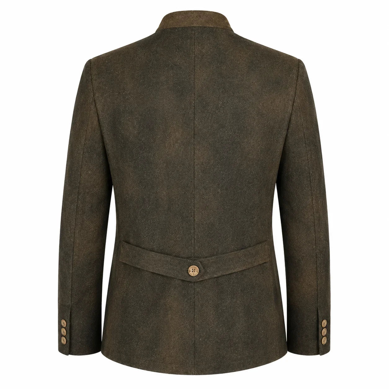 The back view of a men's blazer in a textured dark brown fabric, featuring a single button closure at the waist and button details on the cuffs, set against a plain white background.