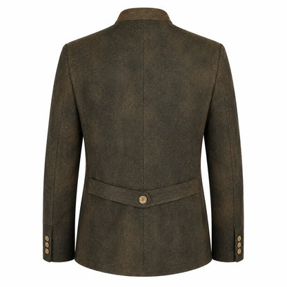 The back view of a men's blazer in a textured dark brown fabric, featuring a single button closure at the waist and button details on the cuffs, set against a plain white background.