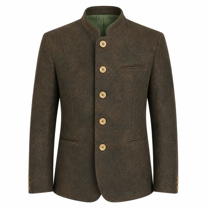 A men's traditional jacket in dark brown textured wool with a mandarin collar, five gold buttons, and a green lining, shown on a plain white background.