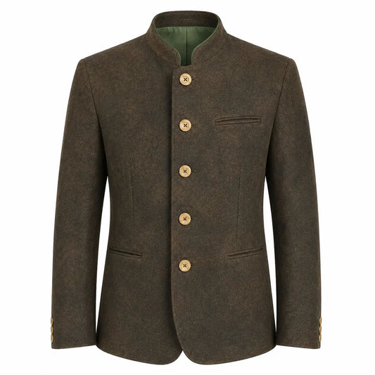 A men's traditional jacket in dark brown textured wool with a mandarin collar, five gold buttons, and a green lining, shown on a plain white background.