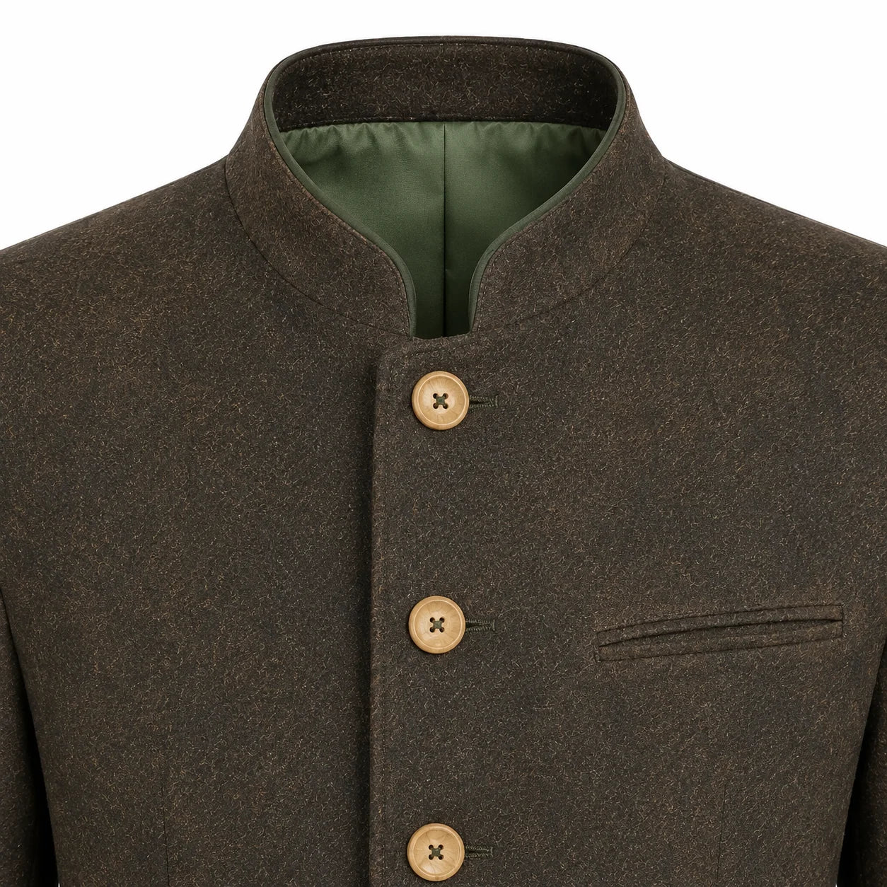Close-up of a dark brown wool jacket with a mandarin collar, three tan buttons, and a green lining visible inside the collar.
