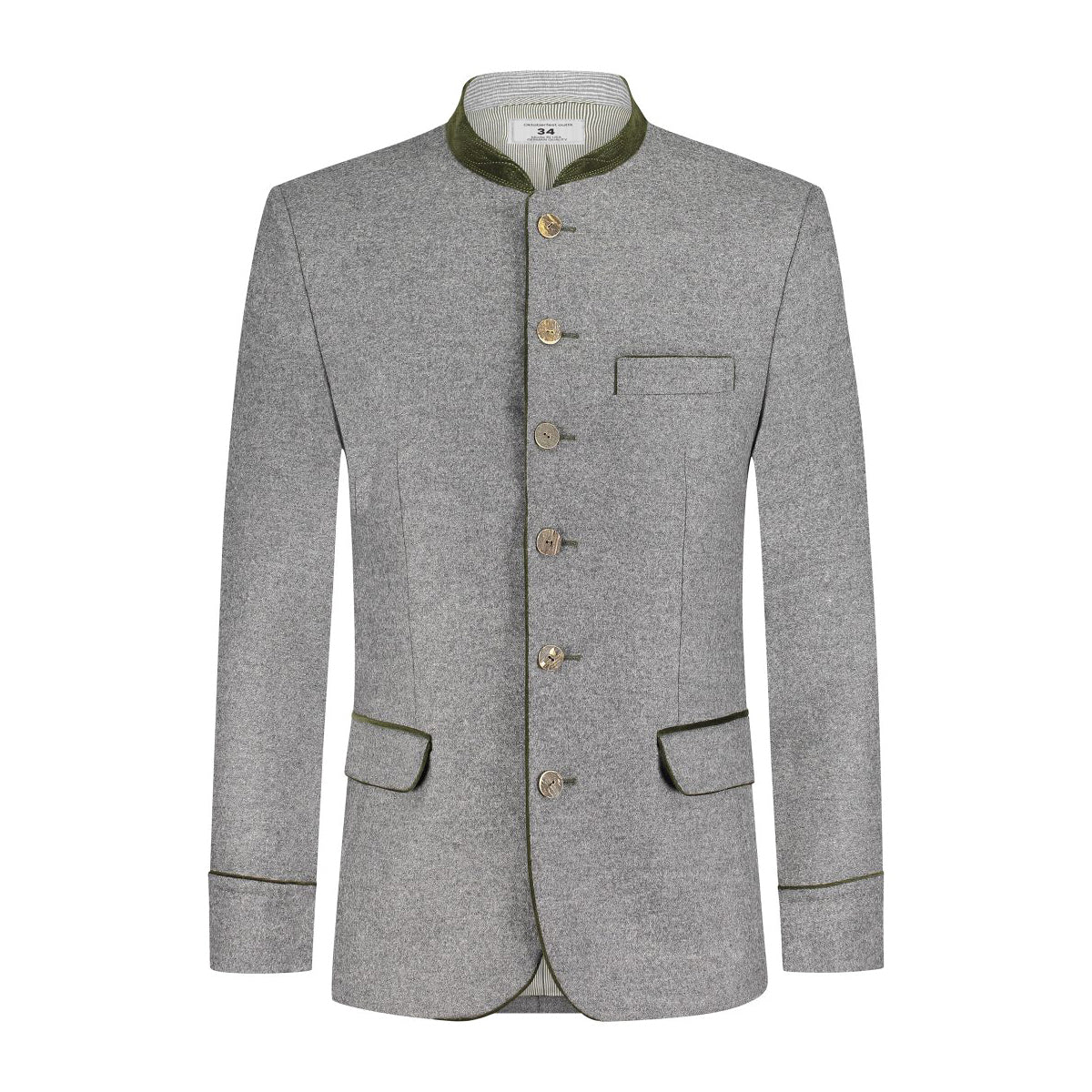 A cool grey wool coat for men, featuring a classic design with a fun twist. The coat has a mandarin collar, button-up front, and is adorned with a distinctive green trim on the collar and black piping details.