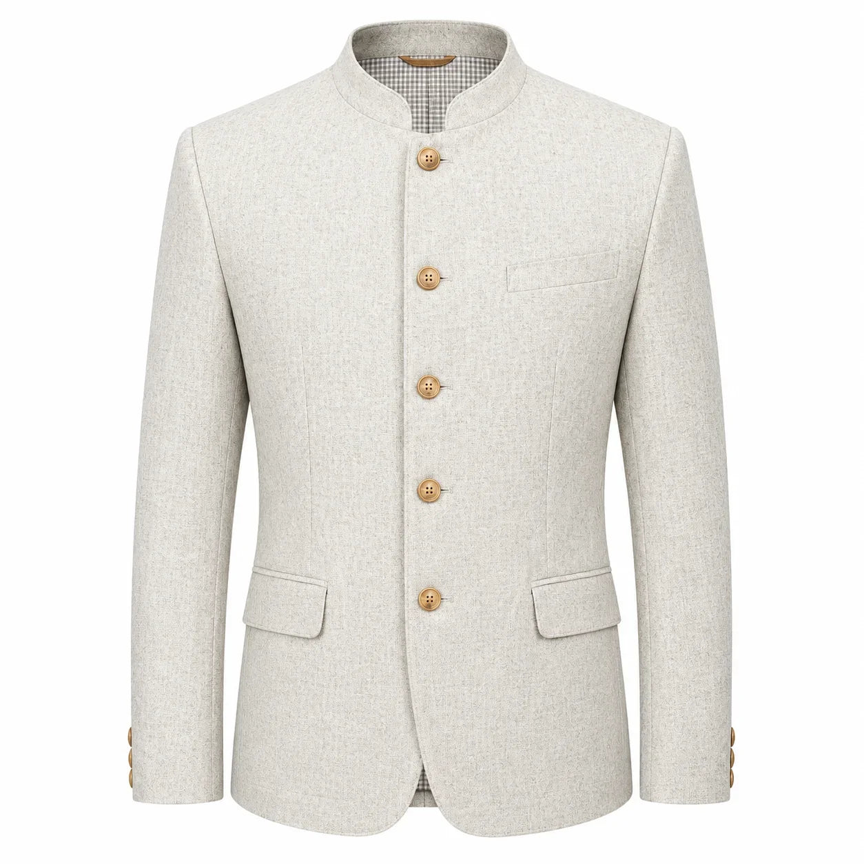 A light beige textured jacket with a mandarin collar, five gold buttons, and flap pockets, shown on a plain white background.