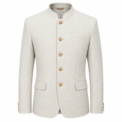 A light beige textured jacket with a mandarin collar, five gold buttons, and flap pockets, shown on a plain white background.