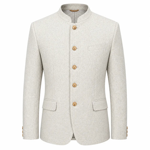 A light beige textured jacket with a mandarin collar, five gold buttons, and flap pockets, shown on a plain white background.