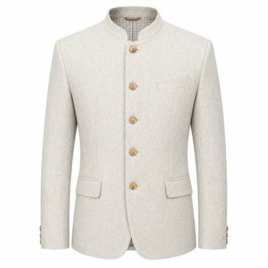 A light beige textured jacket with a mandarin collar, five gold buttons, and flap pockets, shown on a plain white background.