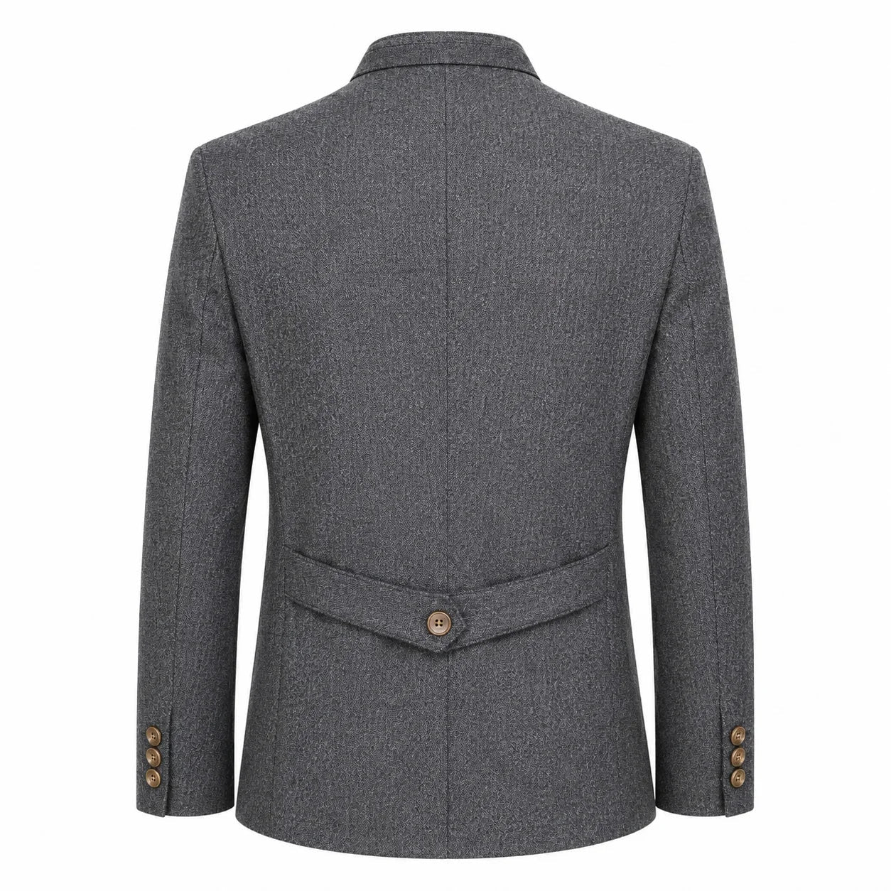 The back view of a men's gray textured blazer with a single button closure at the waist and button details on the cuffs, shown on a plain white background.