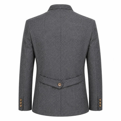 The back view of a men's gray textured blazer with a single button closure at the waist and button details on the cuffs, shown on a plain white background.