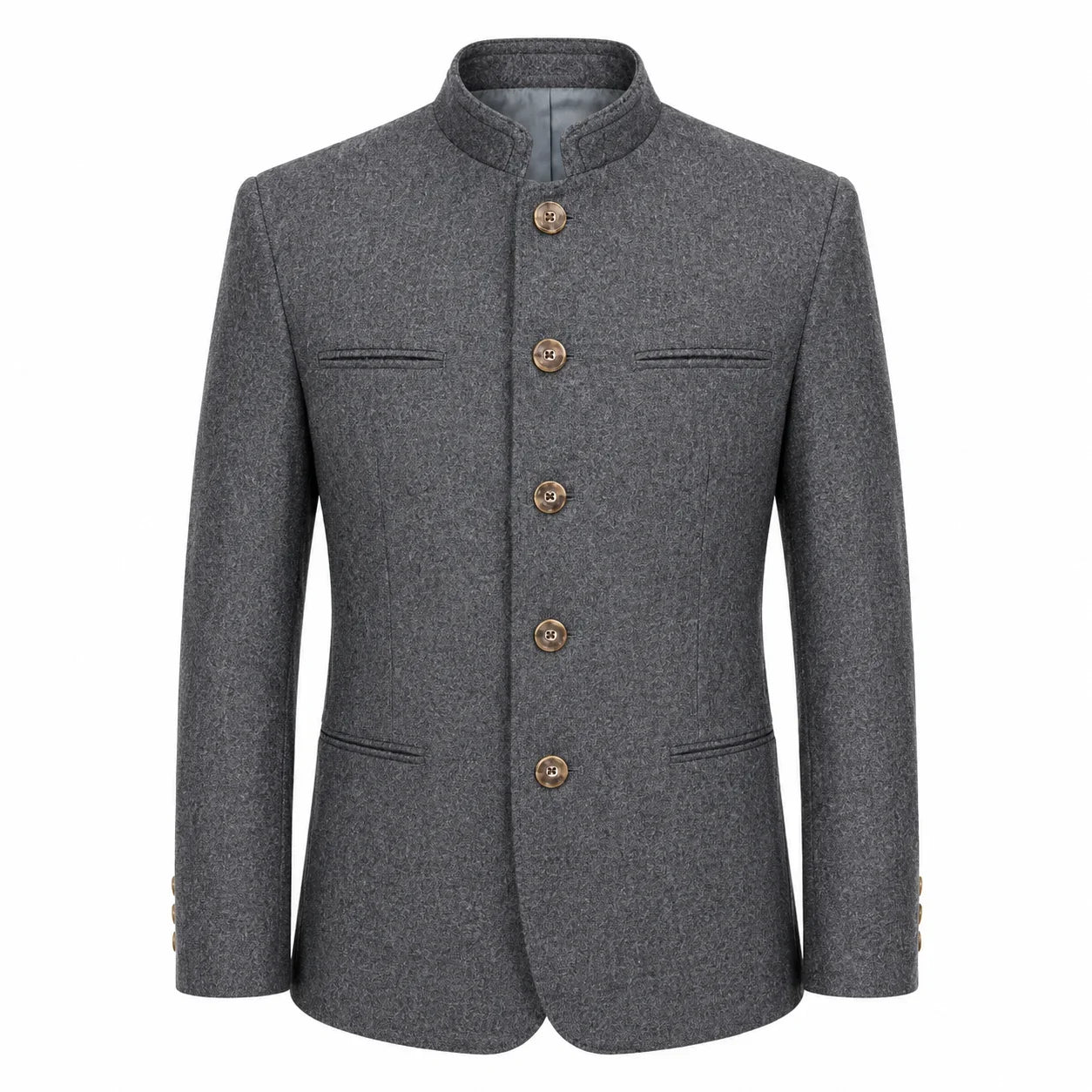 A men's gray textured wool jacket with a mandarin collar and four brown buttons, shown on a plain white background.