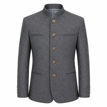 A men's gray textured wool jacket with a mandarin collar and four brown buttons, shown on a plain white background.