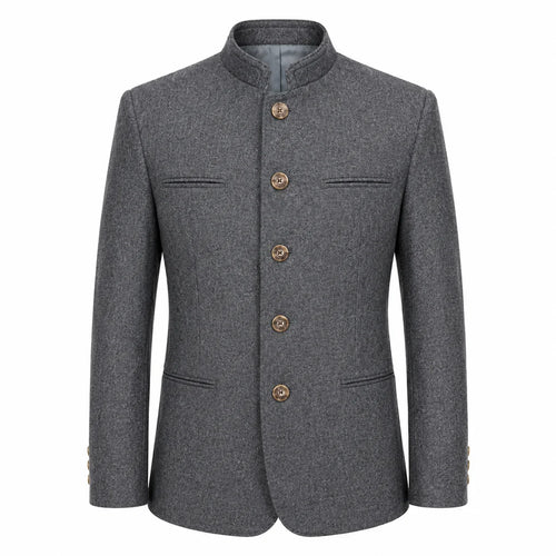 A men's gray textured wool jacket with a mandarin collar and four brown buttons, shown on a plain white background.