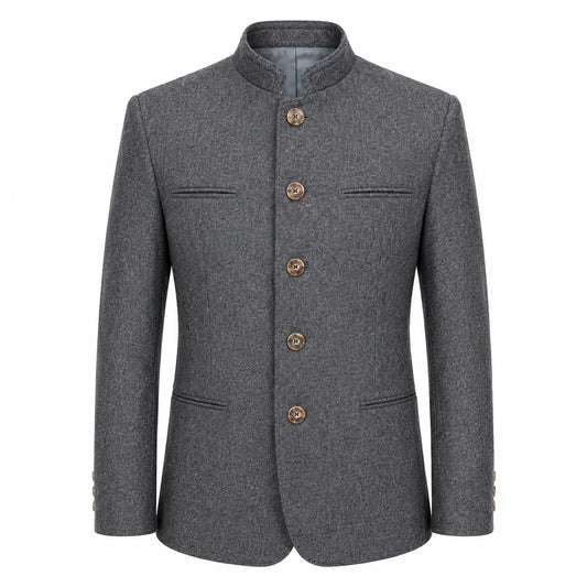 A men's gray textured wool jacket with a mandarin collar and four brown buttons, shown on a plain white background.