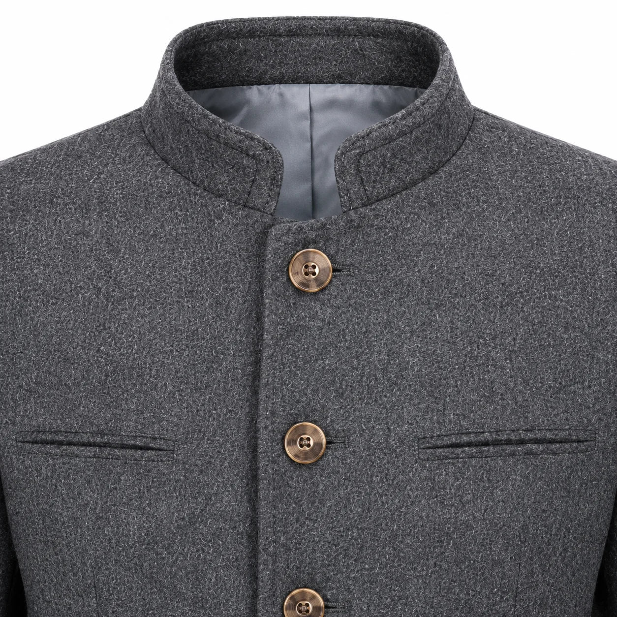 Close-up of a dark gray textured jacket with a mandarin collar, bronze buttons, and welt pockets on a white background.