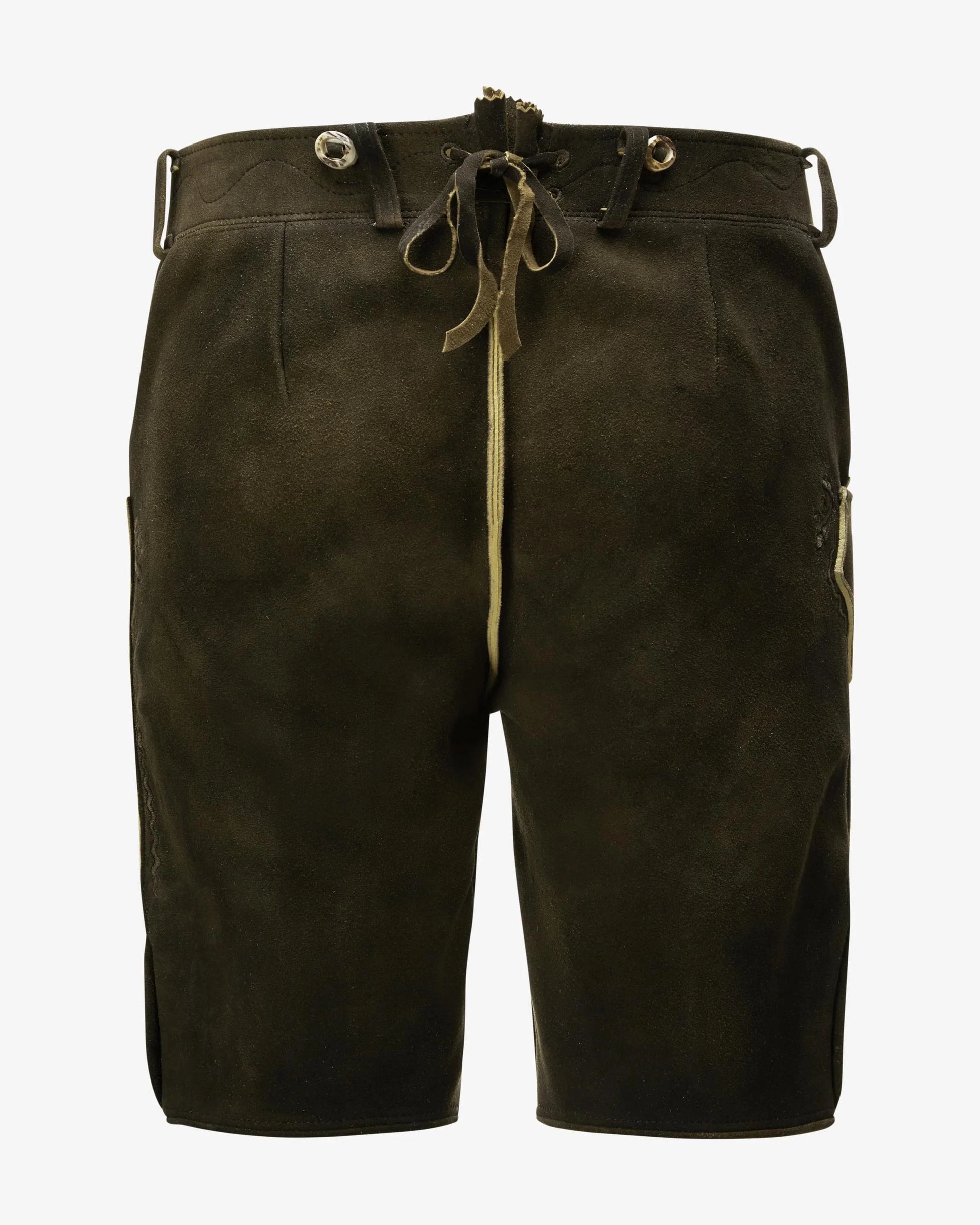 Dark green shorts with a drawstring on a white background