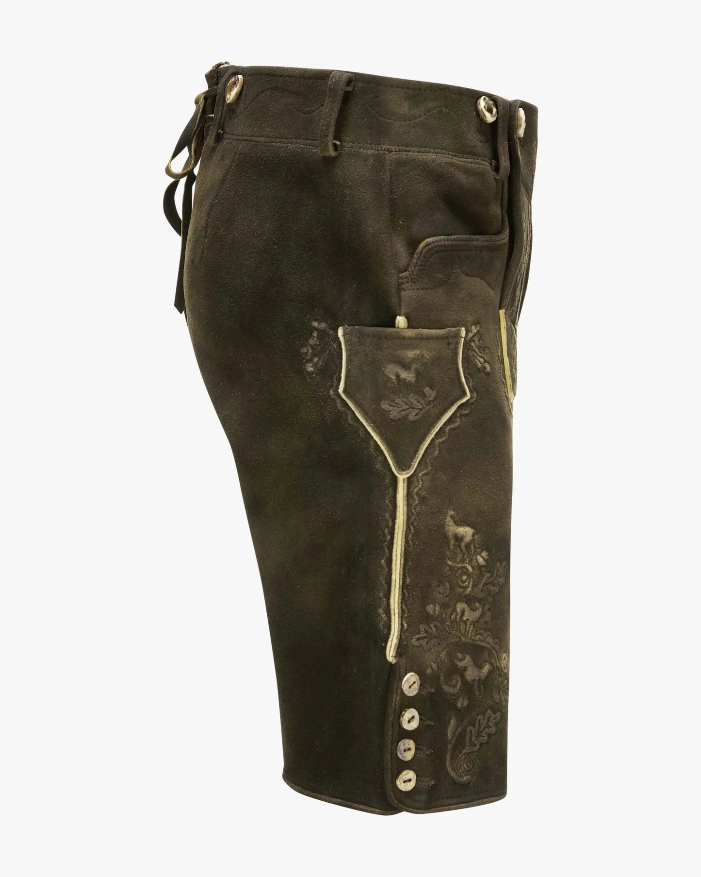 Brown leather pants with decorative stitching on a white background