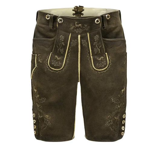 Brown leather shorts with embroidery on a white background