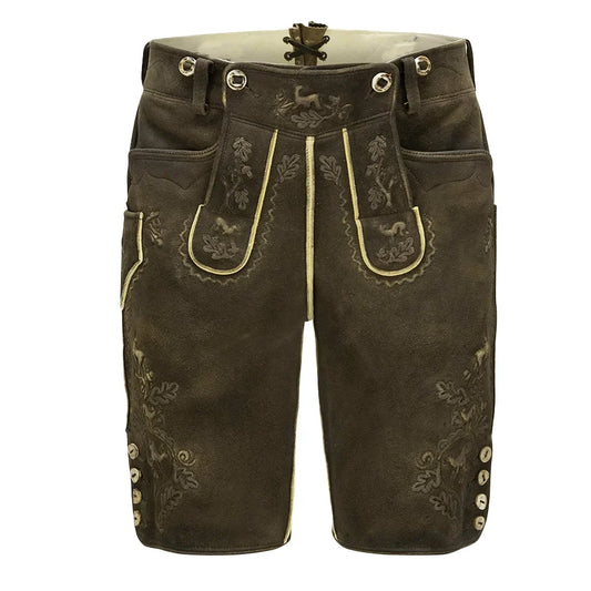 Brown leather shorts with embroidery on a white background