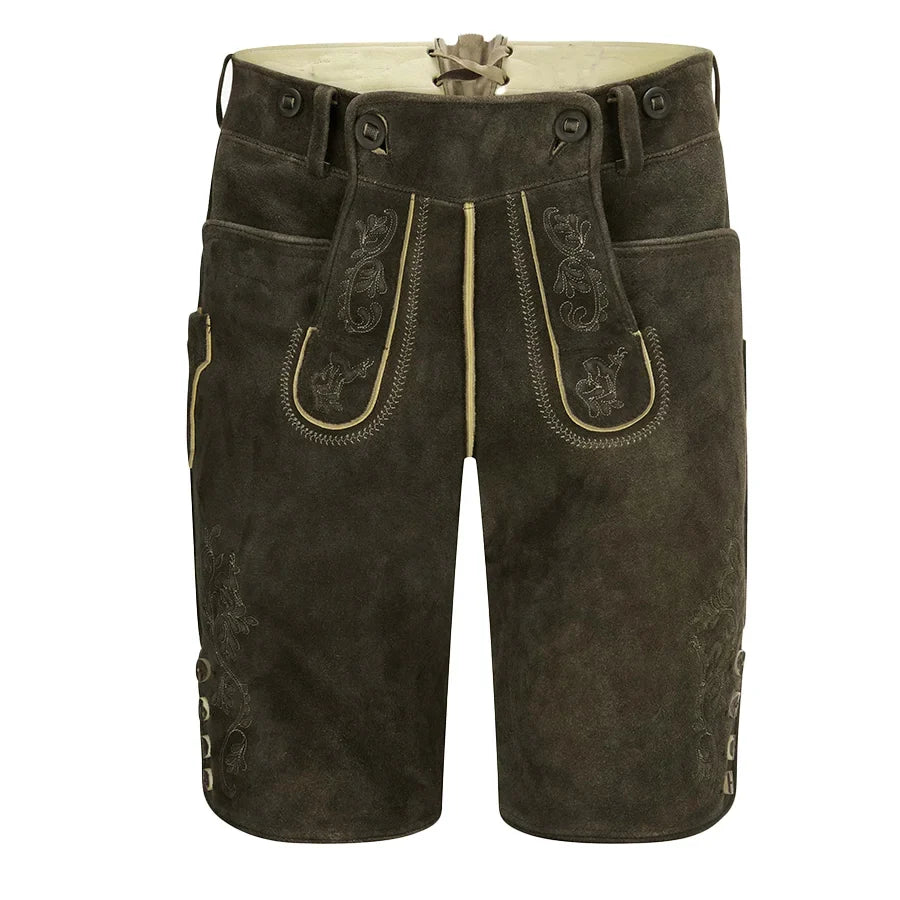 Brown leather shorts with decorative stitching on a white background