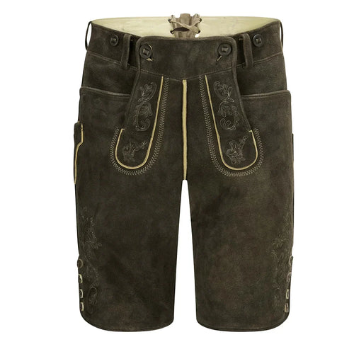 Brown leather shorts with decorative stitching on a white background