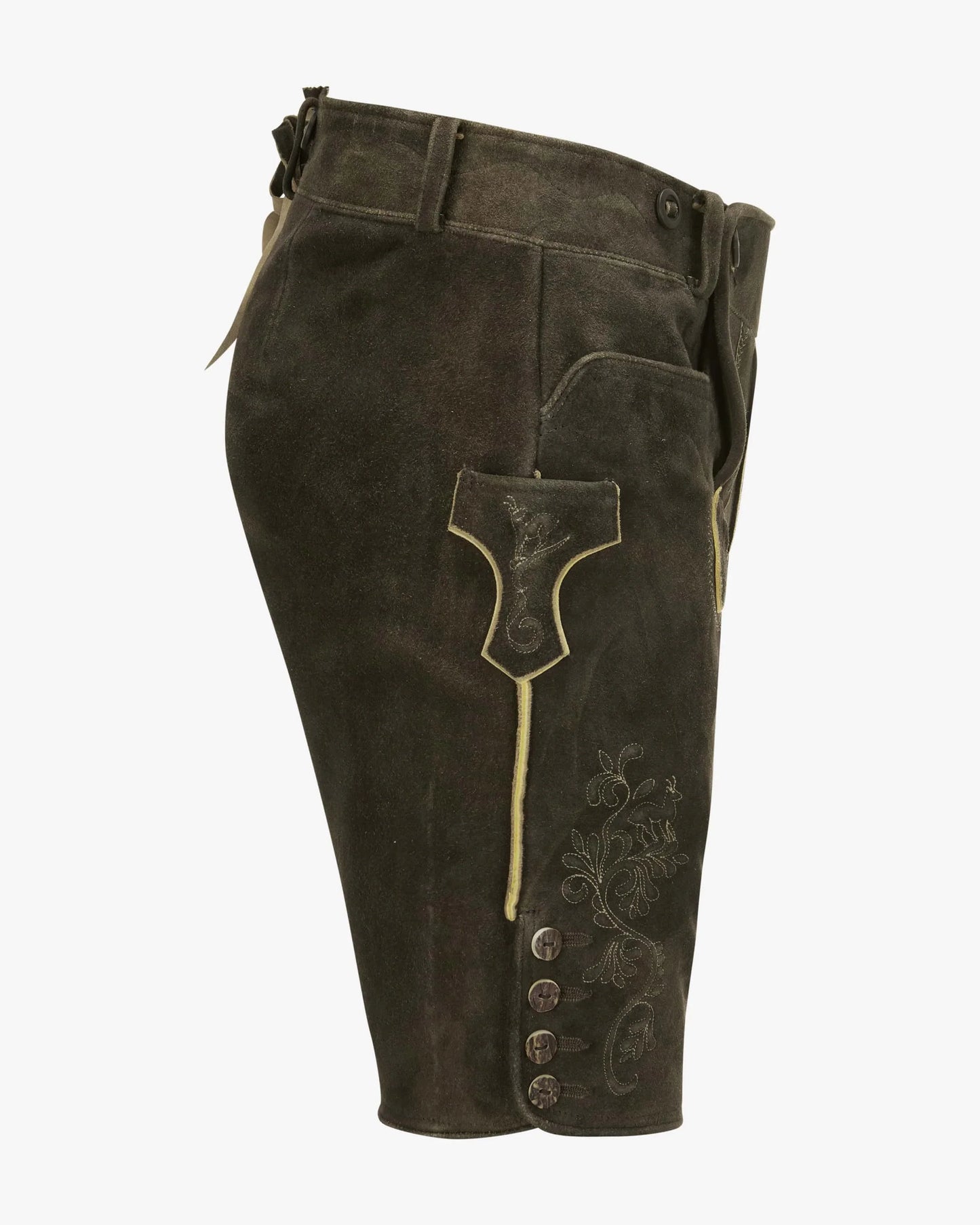 Brown leather shorts with decorative stitching on a white background