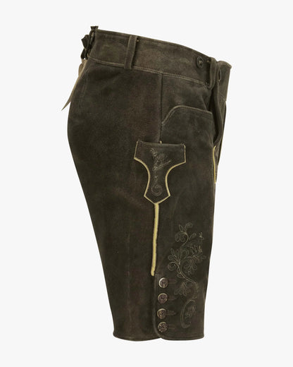 Brown leather shorts with decorative stitching on a white background