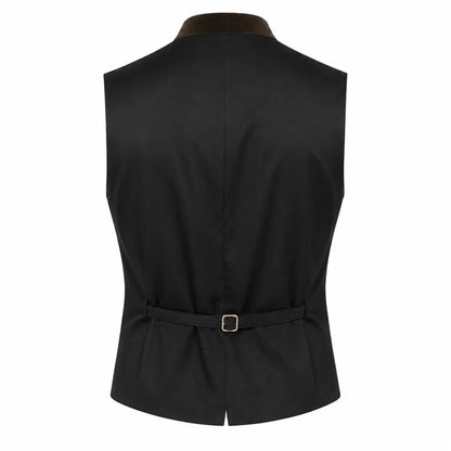 Black waistcoat vest with a brown collar and a matching tie belt with a gold buckle, shown from the back on a white background.