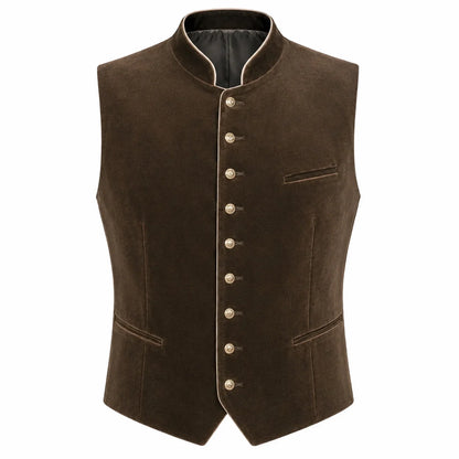 A dark brown velvet waistcoat with a mandarin collar, decorative gold-tone buttons, and beige contrast piping, shown on a plain white background.