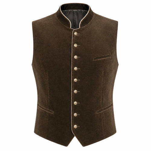A dark brown velvet waistcoat with a mandarin collar, decorative gold-tone buttons, and beige contrast piping, shown on a plain white background.