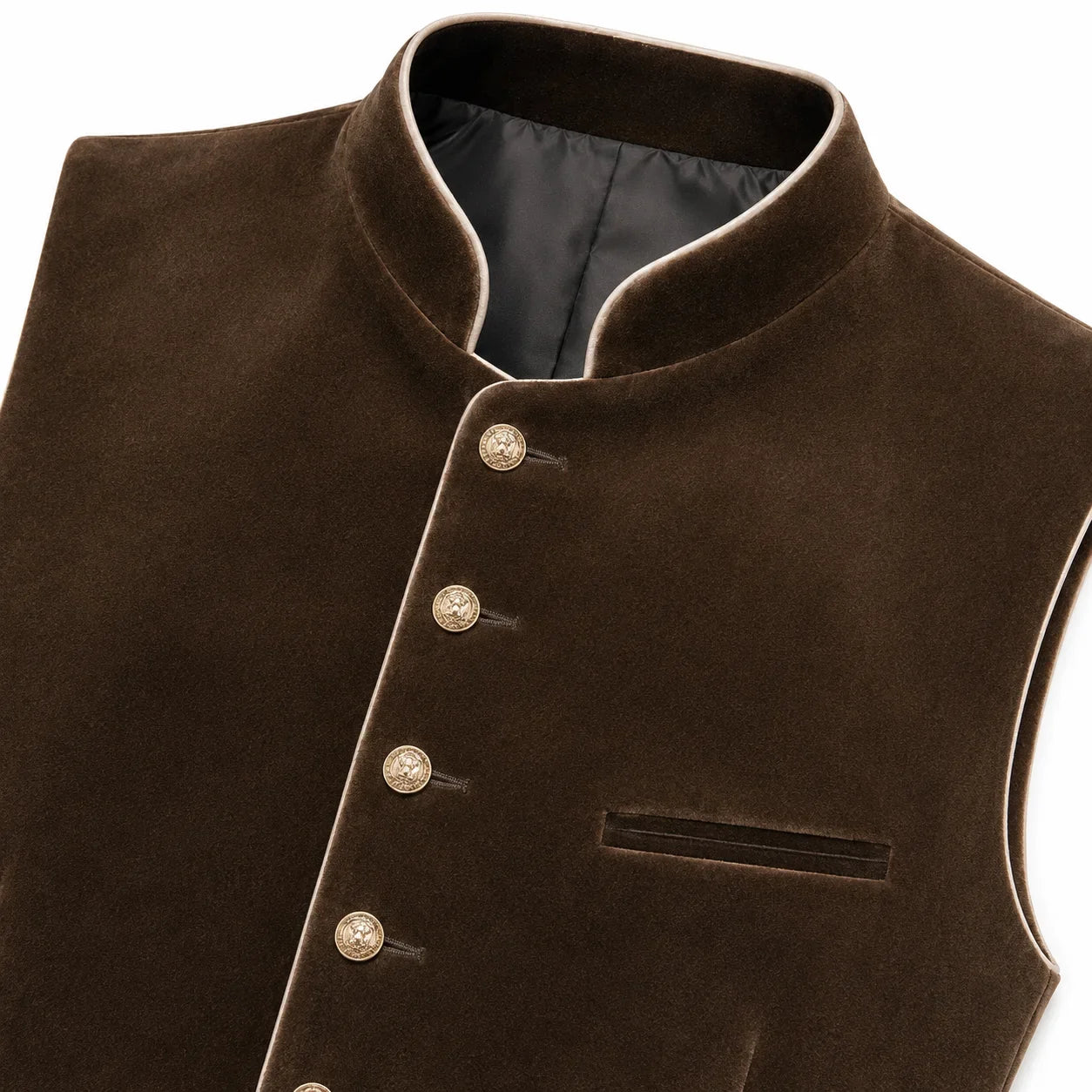 A close-up of a dark brown velvet waistcoat with a mandarin collar, decorative gold-tone buttons, and a welt pocket on a white background.