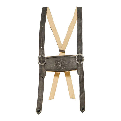 Suspenders with decorative leather strap and metal clips on a white background
