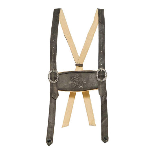 Suspenders with decorative leather strap and metal clips on a white background
