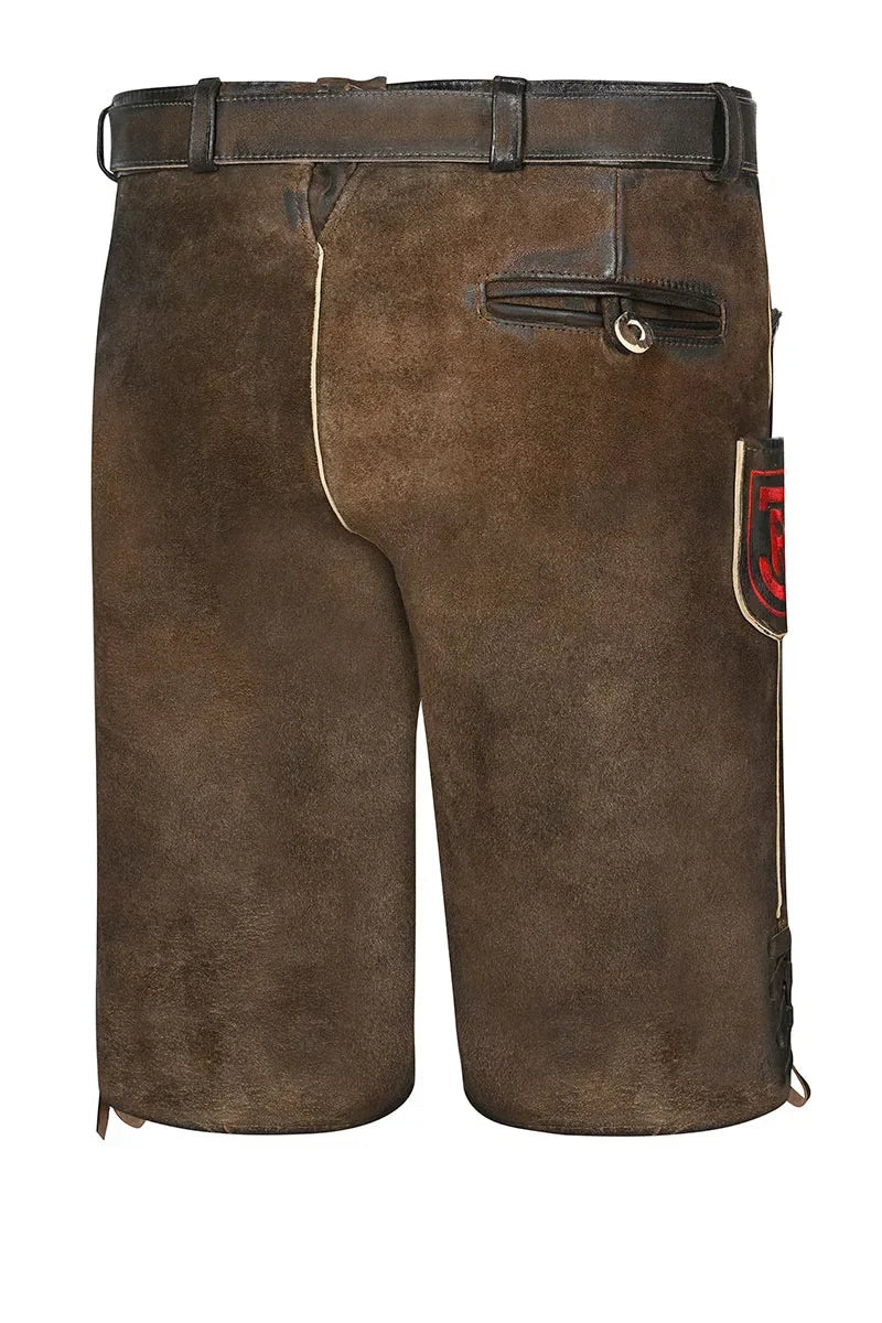 Brown leather shorts with a belt and patch on a white background