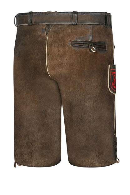 Brown leather shorts with a belt and patch on a white background