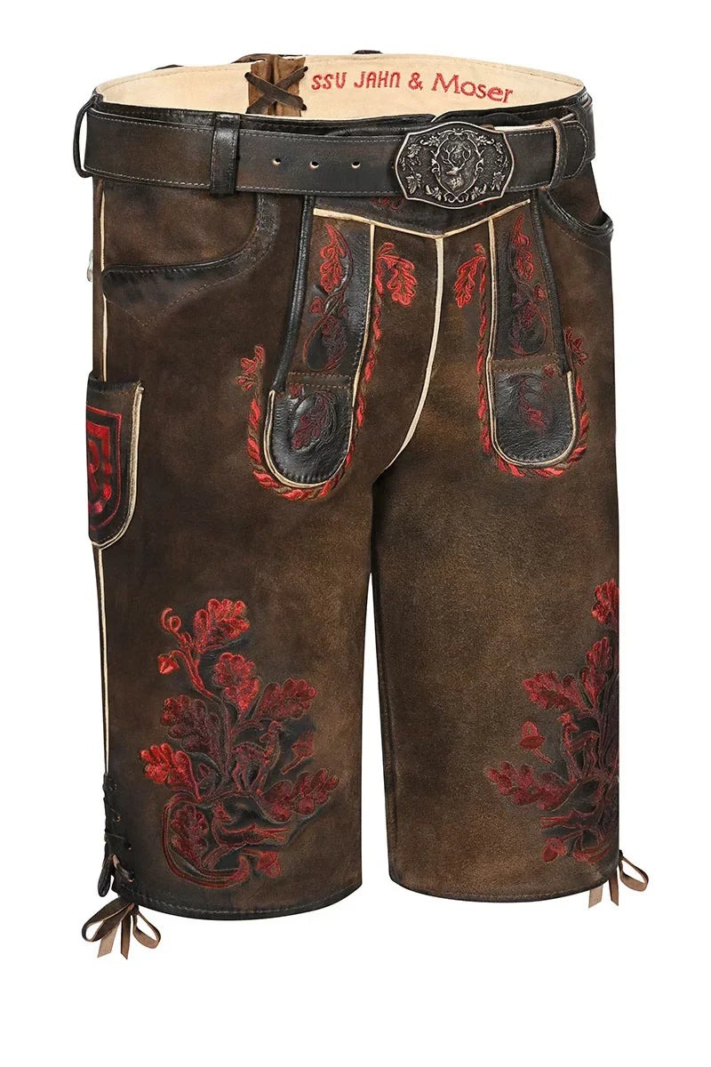 Brown leather shorts with red floral embroidery and a belt on a white background