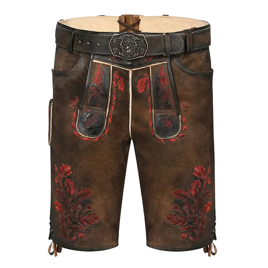 Brown leather shorts with red floral embroidery on a white background