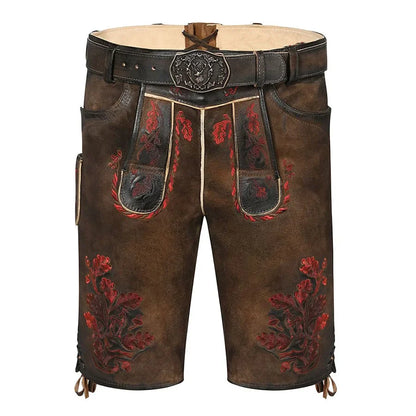 Brown leather shorts with red floral embroidery on a white background