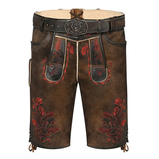 Brown leather shorts with red floral embroidery on a white background