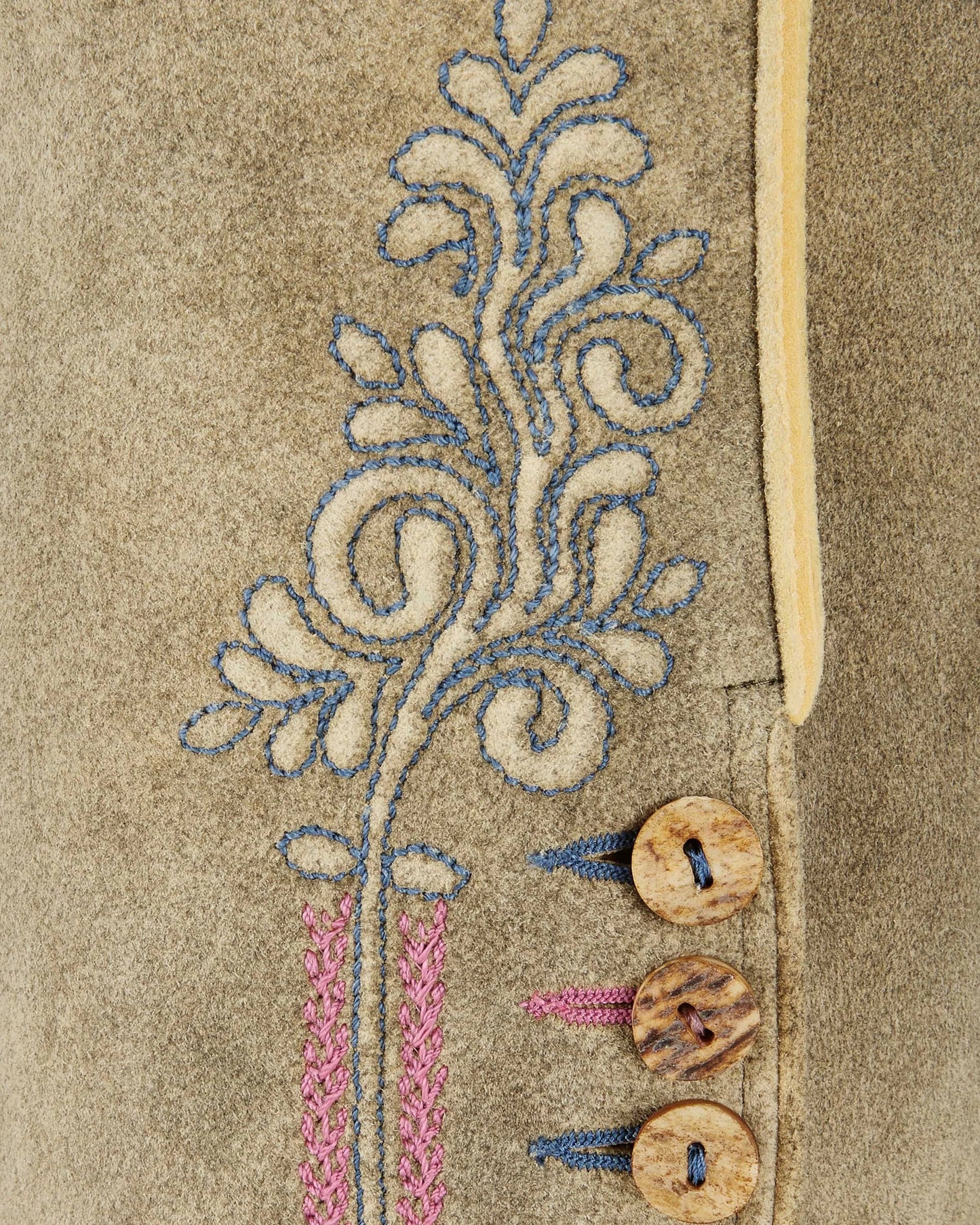 Close-up of embroidered fabric with floral design and buttons on a beige background