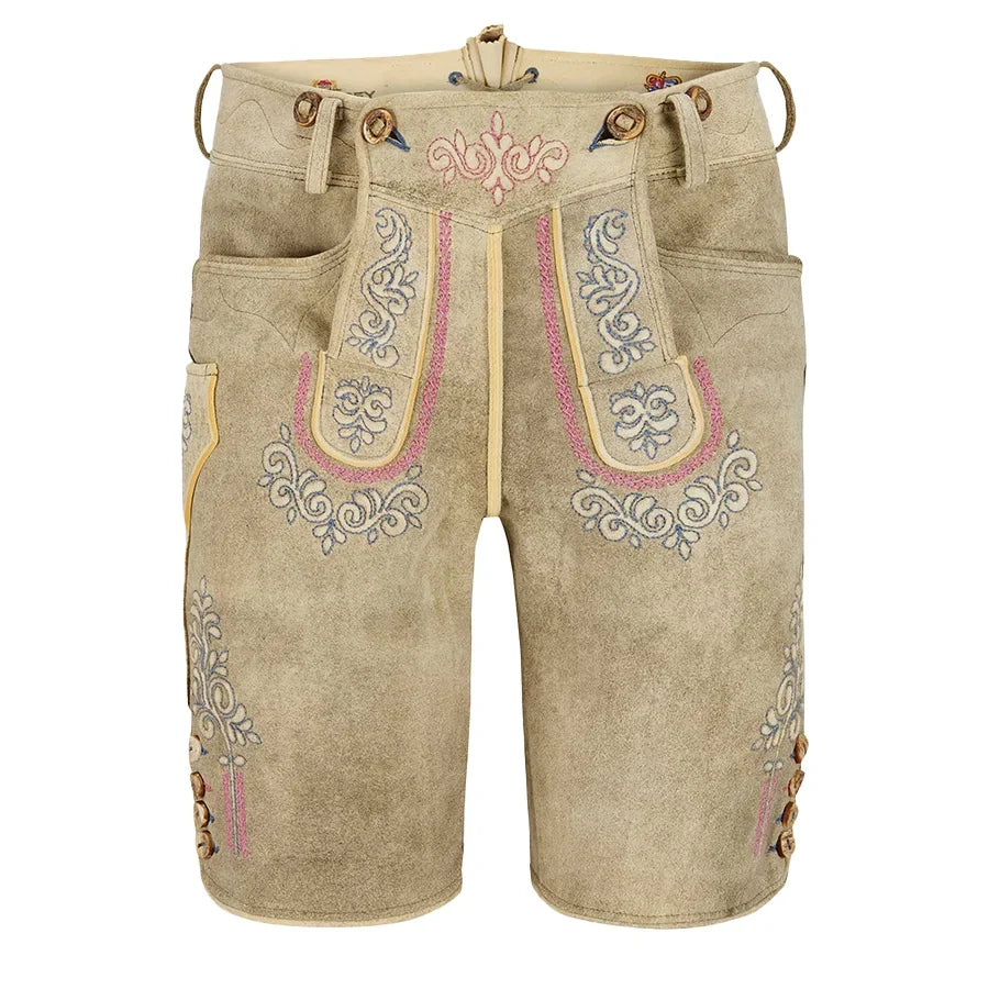 Beige traditional embroidered shorts on a white background