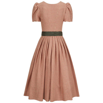 Brown checkered dress with a green belt on a white background