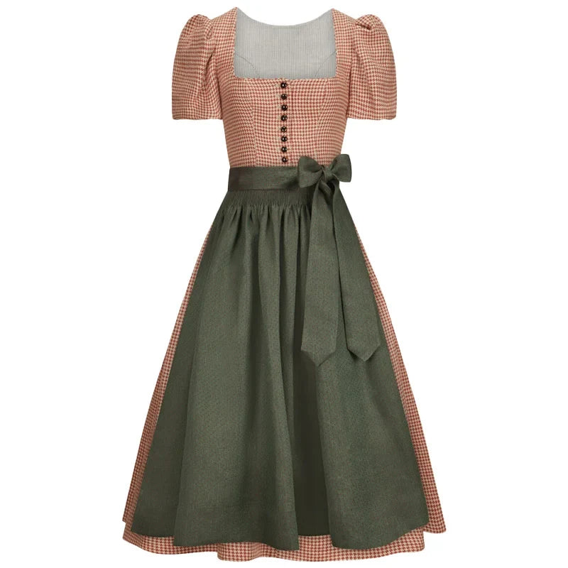 Two-tone dress with a green skirt and checkered top on a white background