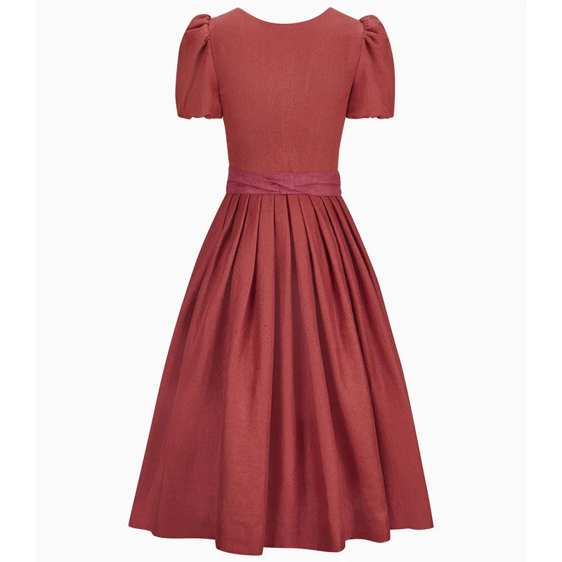 Red dress with puff sleeves on a white background
