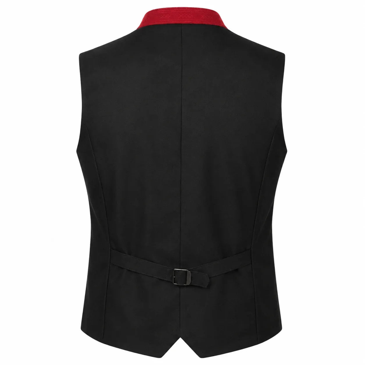 Black men's waistcoat vest with a red collar trim, shown from the back on a white background.