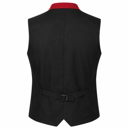 Black men's waistcoat vest with a red collar trim, shown from the back on a white background.