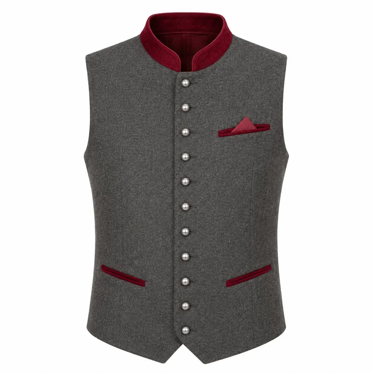 A gray wool-like waistcoat vest with a contrasting dark red mandarin collar, button closure, pocket square, and welt pockets, shown on a plain white background.