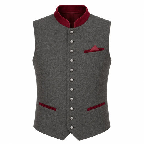 A gray wool-like waistcoat vest with a contrasting dark red mandarin collar, button closure, pocket square, and welt pockets, shown on a plain white background.