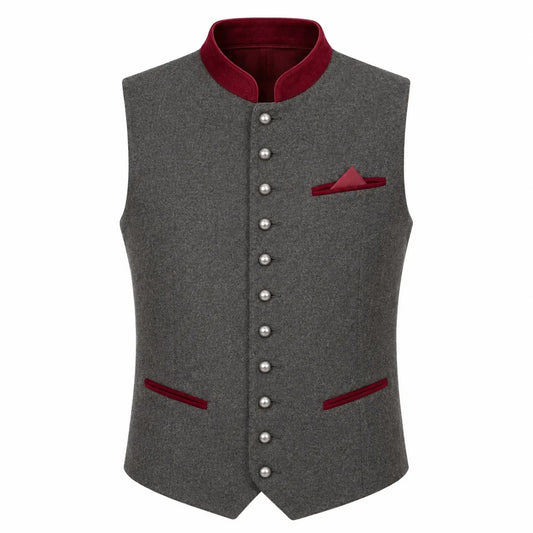 A gray wool-like waistcoat vest with a contrasting dark red mandarin collar, button closure, pocket square, and welt pockets, shown on a plain white background.