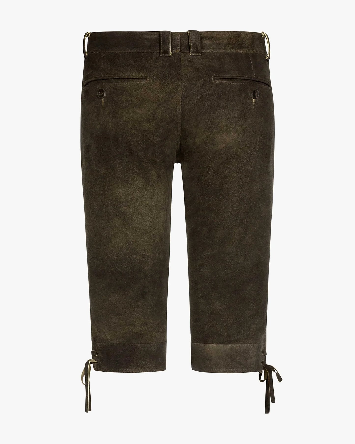 Dark brown suede pants with drawstring details on a white background