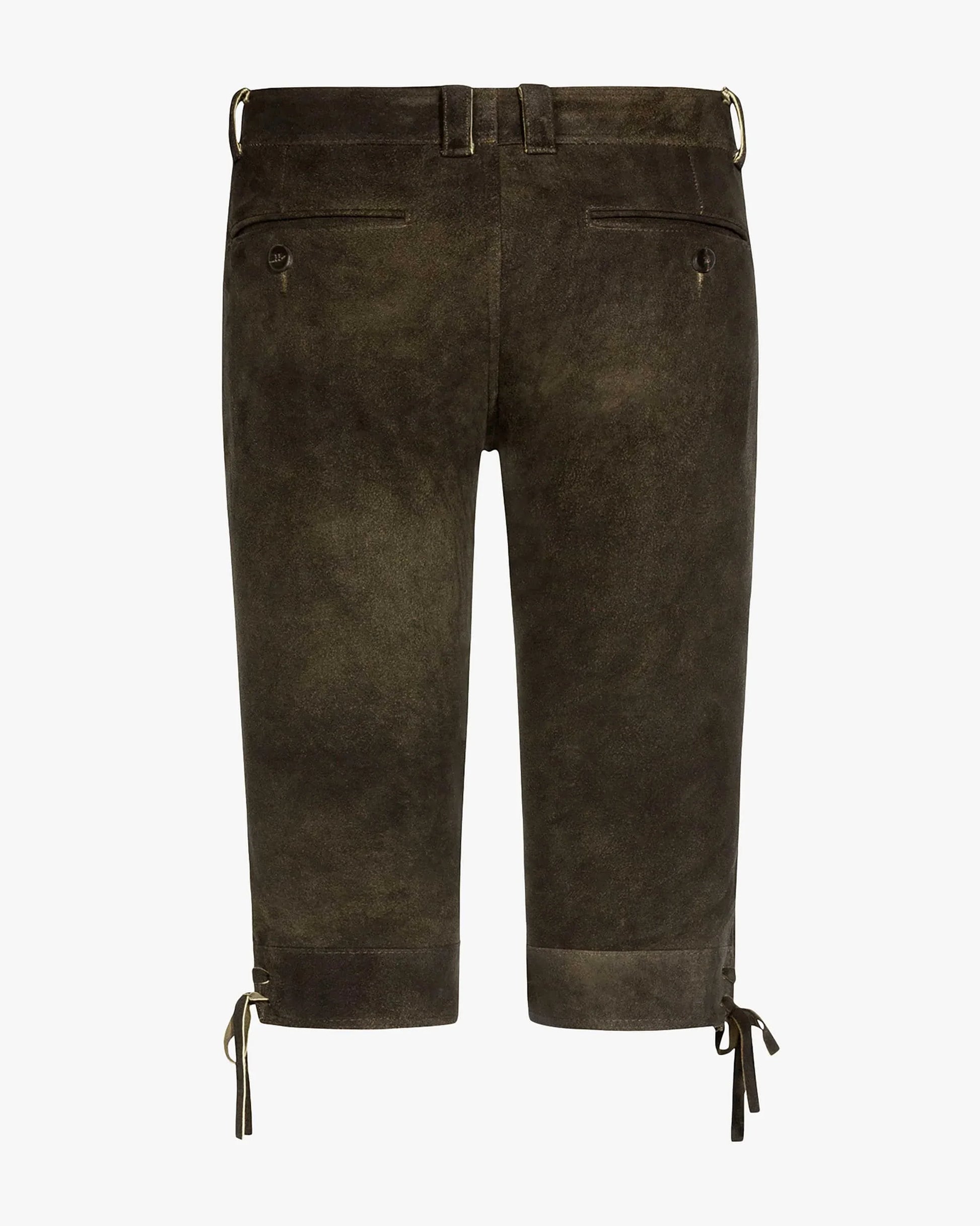 Dark brown suede pants with drawstring details on a white background
